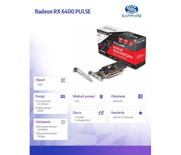 SAPPHIRE TECHNOLOGY Radeon RX 6400 PULSE GAMING 4GB GDDR6 64bit DP/HDMI 11315-01-20G - 742557 - zdjęcie 10